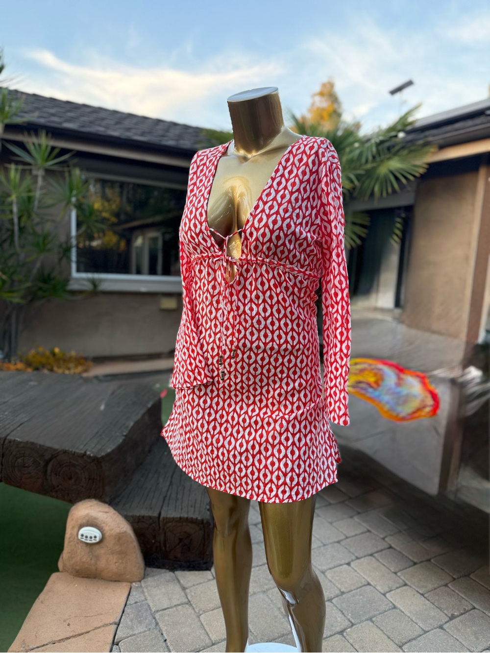 Echo~red patterned swim cover up dress